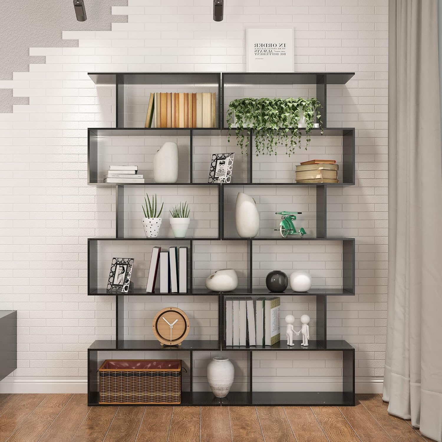 Yusong Bookshelf, Geometric Bookcase S Shaped Book Shelves Unit for Living Room, 6 Tier Tall Decorative Display Shelf for Bedroom, Study Room, Black