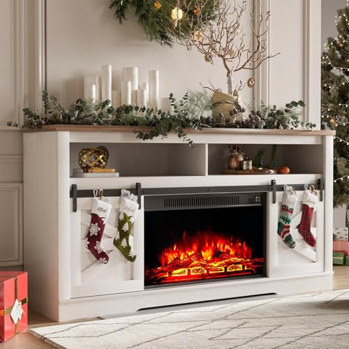 YESHOMY Farmhouse TV Stand for Televisions up to 65 Inches, Sliding Barn Doors and Storage Cabinets, Console Table and Media Furniture for Living Room, 58 Inch, Milk White