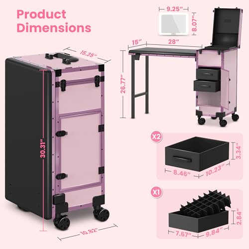 EASYINBEAUTY Rolling Portable Manicure Table with 2 Drawers, Mirror & Nail Polish Organizer, Lockable Makeup Train Case with Foldable Nail Desk, Cosmetic Travel Case for Workstation Mobile, Nail tech