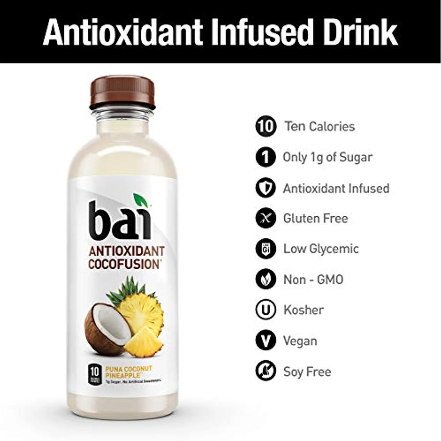 Bai Coconut Flavored Water, Puna Coconut Pineapple, Antioxidant Infused Drinks, 18 Fluid Ounce Bottles, (Pack Of 12)