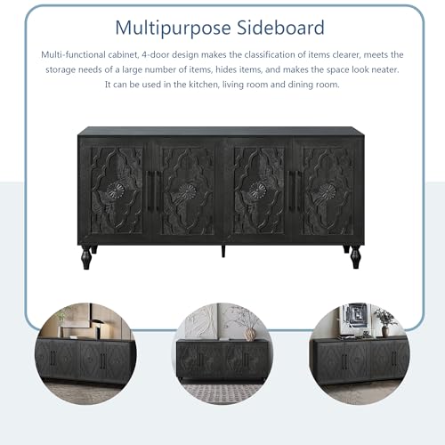 LUMISOL Sideboard Buffet Cabinet, Wooden Storage Cabinet with 4 Carved Flower Doors and Metal Handles, Retry Style Kitchen Sideboard, TV Stand Table for Living Room, Dining Room, Entryway, Natural