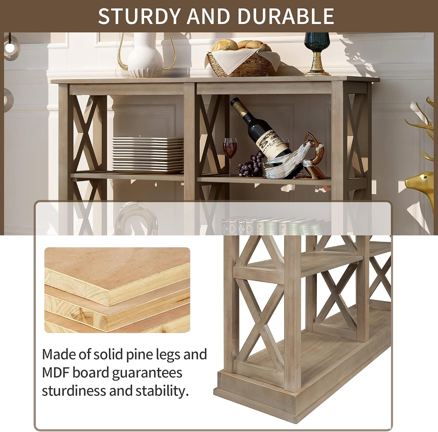 Console Table with 3-Tier Open Storage Spaces and “X” Legs, Narrow Sofa Entry Table for Living Room, Entryway and Hallway (White Wash)