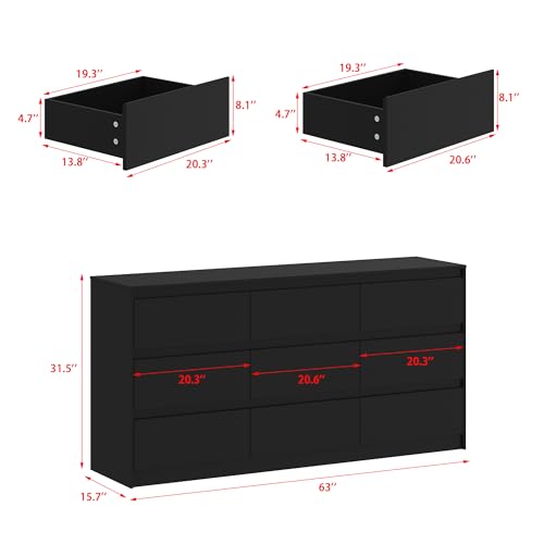 Hitow 9 Drawer Dresser for Bedroom with Deep Drawers, Large Floor Wood Dressers & Chest of Drawers Handle Free, Modern Black Long Dressers for Closet Living Room, Euro Slide (63"W x 15.7"D x 31.5"H)