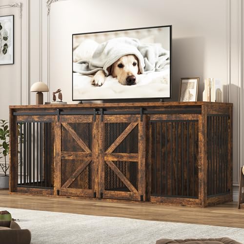 87In Farmhouse Dog Crate TV Stand, Wooden Dog Kennel Furniture with Sliding Metal Mesh Barn Door, Large Dog Crate Furniture for 2 Dogs, Solid Metal Tube & 2 Lockable Doors, Black