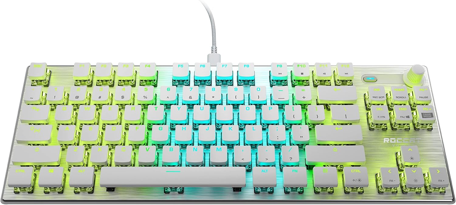 ROCCAT Vulcan TKL Pro PC Gaming Keyboard, Linear Optical Titan Switch, AIMO RGB Lighting, Tenkeyless Mechanical Feel Speed Keystroke, Low Profile Ergonomic Design for Wrist Rest Support, White