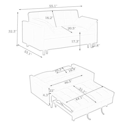 3 in 1 Convertible Sleeper Sofa Bed, Modern Velvet Loveseat with Adjustable Backrest and Side Pocket, Futon Couch with Pull Out Bed, Love Seat Lounge Sofa with 2 Pillows, for Living Room,Beige