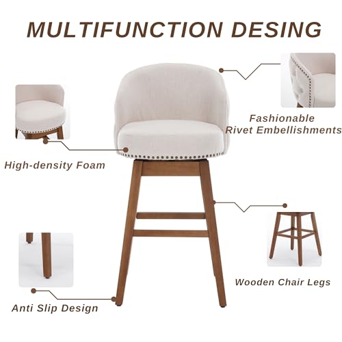 Swivel Bar Stool Set of 2,Modern Linen Counter Stools,29" Swivel Bar Chairs with Wood Base for Kitchen Island,Pub,Cafe（Grey）