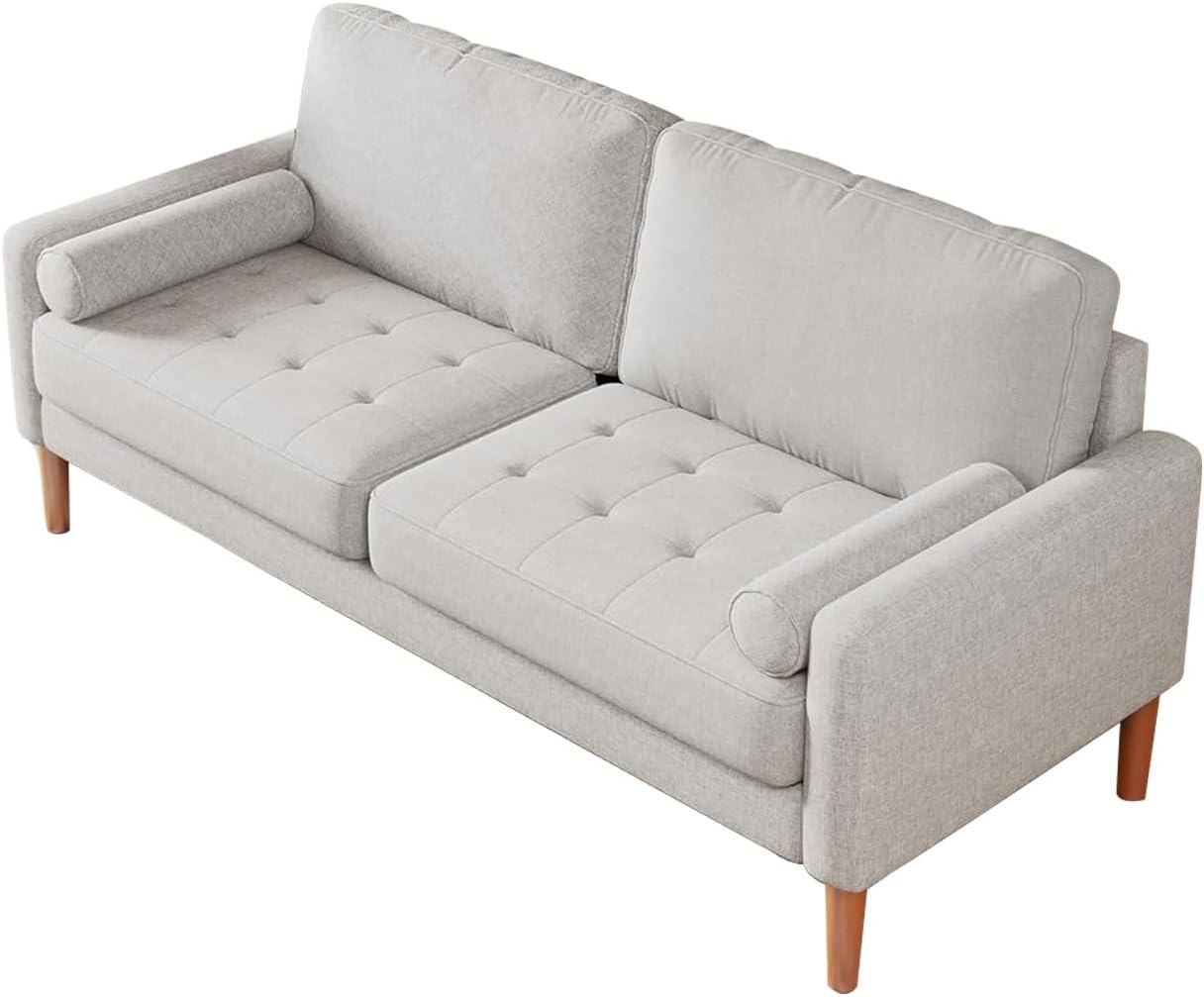 Modern Upholstered Linen Comfy Loveseat: 68" Mid Century 2 Seater Couch - Button Tufted Seat Cushion Sofa with 2 Bolster Pillows - Small Couches for Living Room Apartment Office Bedroom (Beige)