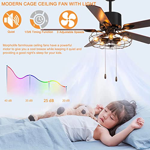 Farmhouse Caged Ceiling Fan with Lights Remote Control, 52" Industrial Black Chandelier Fan Pull Chain, Rustic Vintage Ceiling Fan Light with 5 Reversible Blades for Bedroom, Living Room