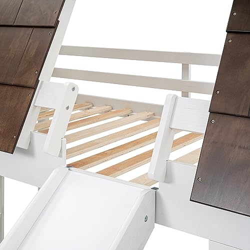 Twin-Over-Twin House Bunk Bed with Storage, Wooden Bunk Beds Frame with Staircase Compatible with, Teens, No Box Spring Needed(Gray+White) ，Queen Bed, YY-991