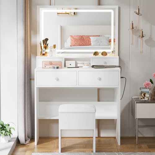 Haewon White Makeup Vanity with Lighted Mirror and Charging Station, Vanity Table Set with Adjustable Lighting, 4 Drawers, Storage Chair for Bedroom