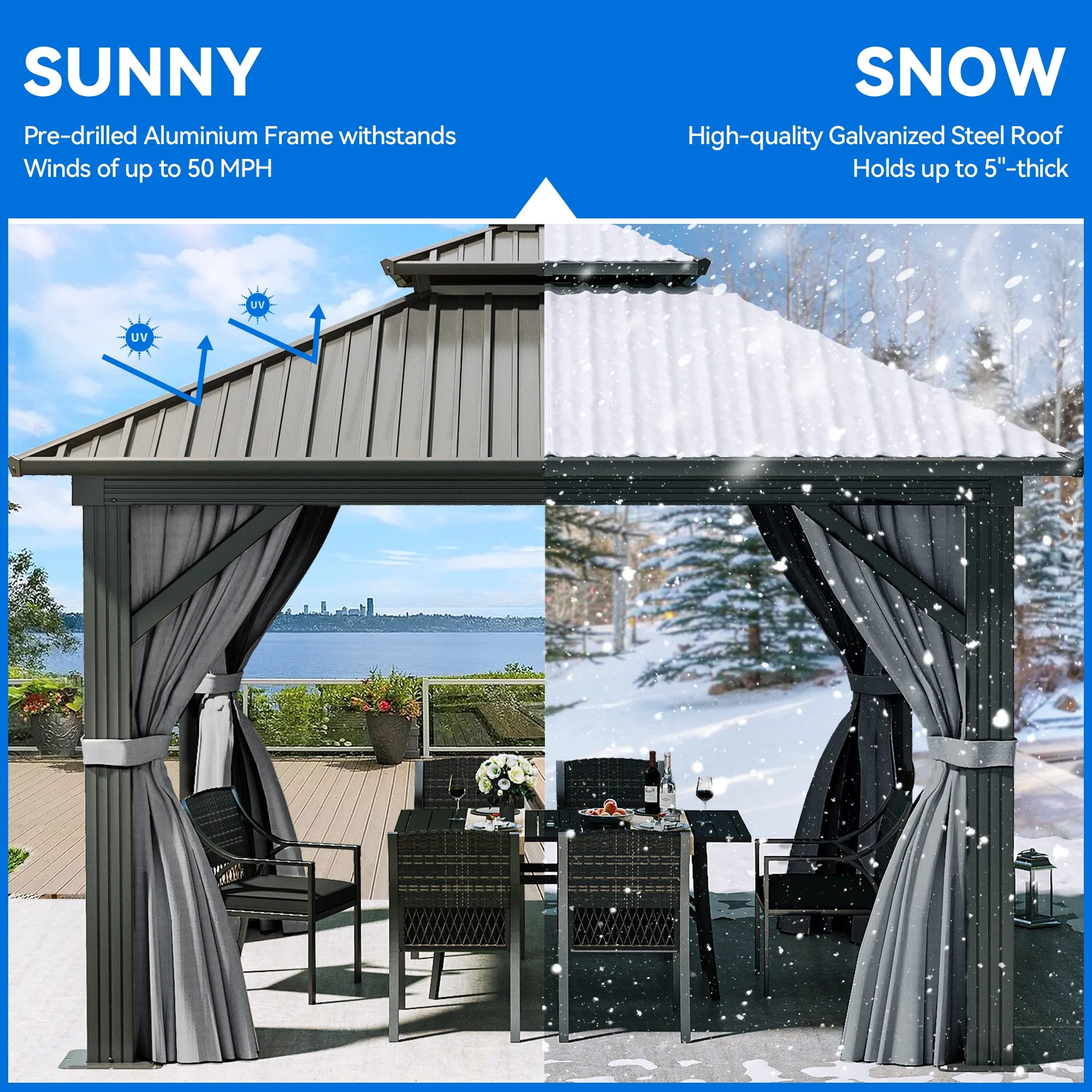 Dextrus 10x10ft Double Roofed Hardtop Gazebo, Metal Outdoor Pavilion with Nettings and Curtains for Patio, Backyard, Deck, and Lawns - Black
