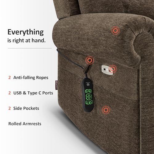 MCombo Triple Motor Power Lift Recliner Chair with Massage and Lumbar&seat Heating, Rolled Arms, Adjustable Headrest for Elderly People, Fabric 7888 (Coffee, Medium)
