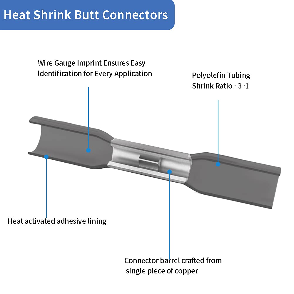 1000 Pcs Blue Heat Shrink Butt Connectors, 16-14 AWG Waterproof Electrical Crimp Wire Splice for Marine, Cable, Wiring