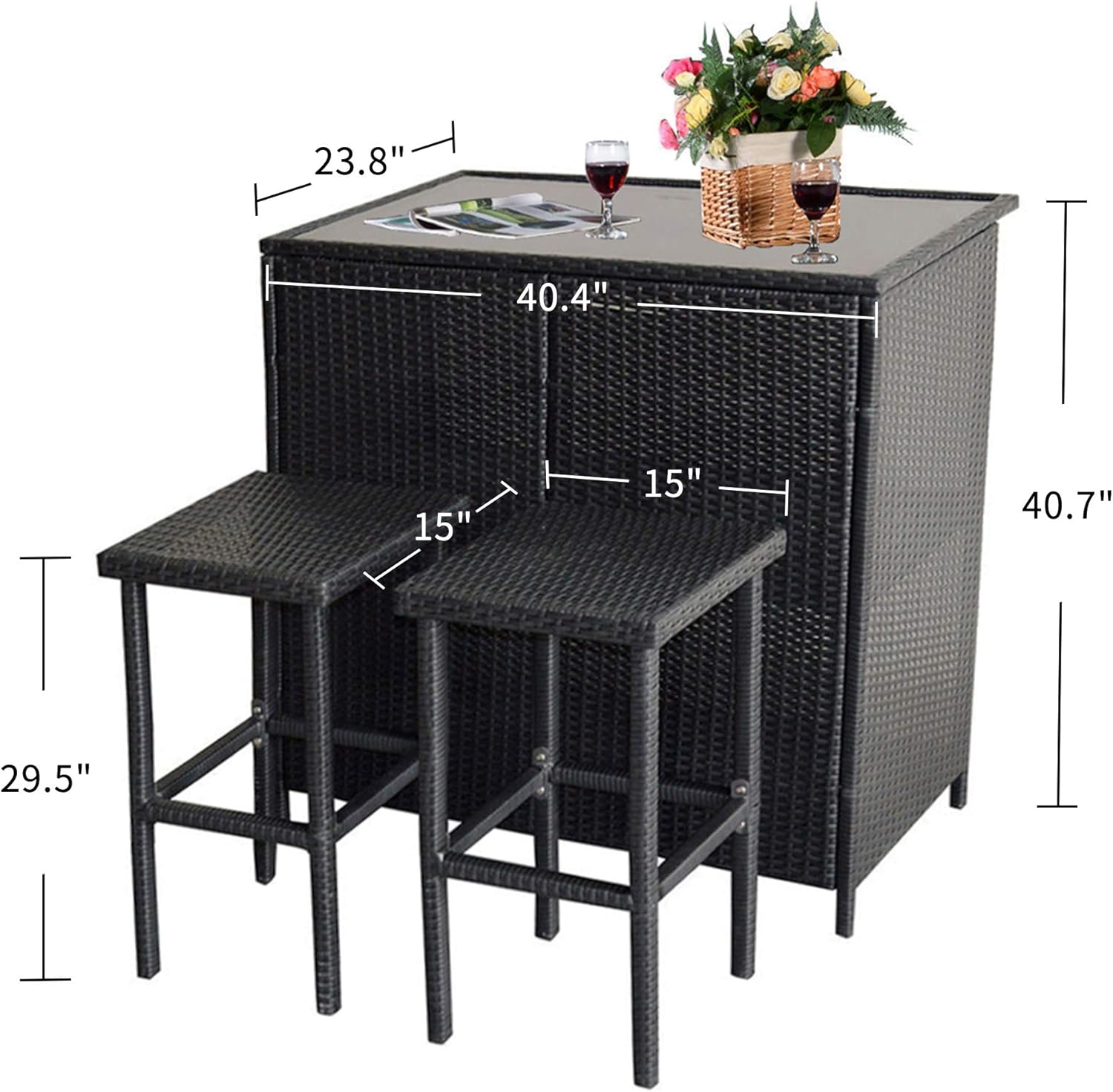 MCombo Patio Bar Set,Wicker Outdoor Table and 2 Stools,3 Piece Patio Furniture with Storage for Poolside,Backyard,Garden,Porches 6085-1201BK