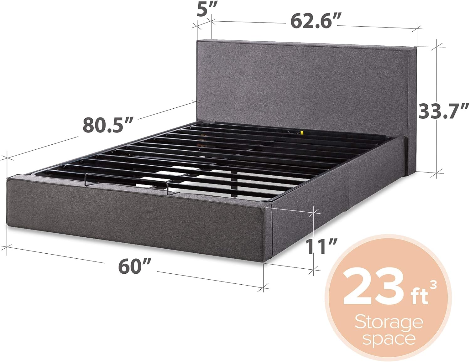 ZINUS Finley Upholstered Platform Bed Frame with Lifting Storage / Hydraulic Lifting Under Bed Storage / No Box Spring Needed / Easy Assembly, Queen