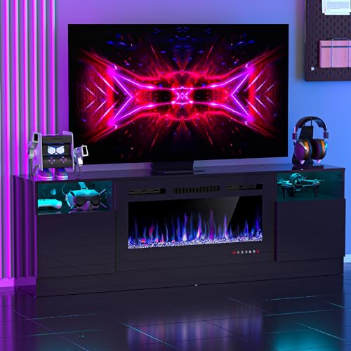 70" Fireplace TV Stand for TVs Up to 80" with 36" Electric Fireplace, TV Console for The Living Room, LED Light Entertainment Center, Storage Cabinet, Media Console Table, White