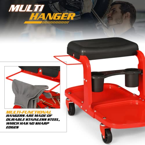 Magshion Garage Mechanic Creeper Seat with Tool Tray/Rack and Can Holder, Durable Mechanics Stool on Wheels 350 lbs Capacity Rolling Creeper Garage/Shop Seat, Black