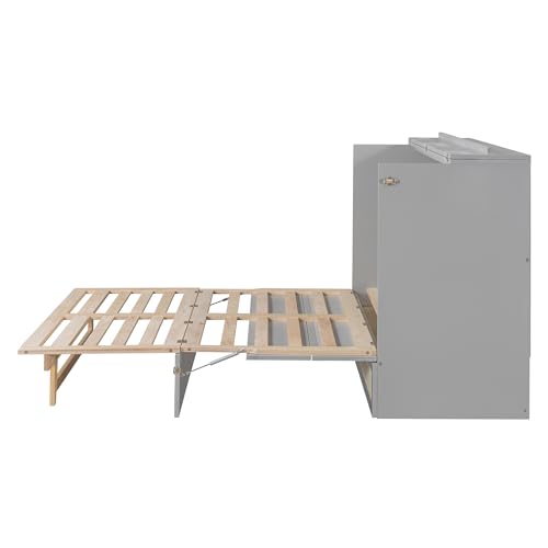 P PURLOVE Queen Size Murphy Bed,Folding Solid Wood Murphy Cabinet Bed,Queen Wall Bed with Storage Drawers,Green