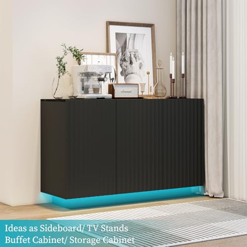 Fluted Black Storage Cabinet, Sideboard Buffet Cabinet with 4 Doors, 64" Modern Accent Cabinet with 2 Adjustable Shelf, Multifunctional TV Stand for Living Room