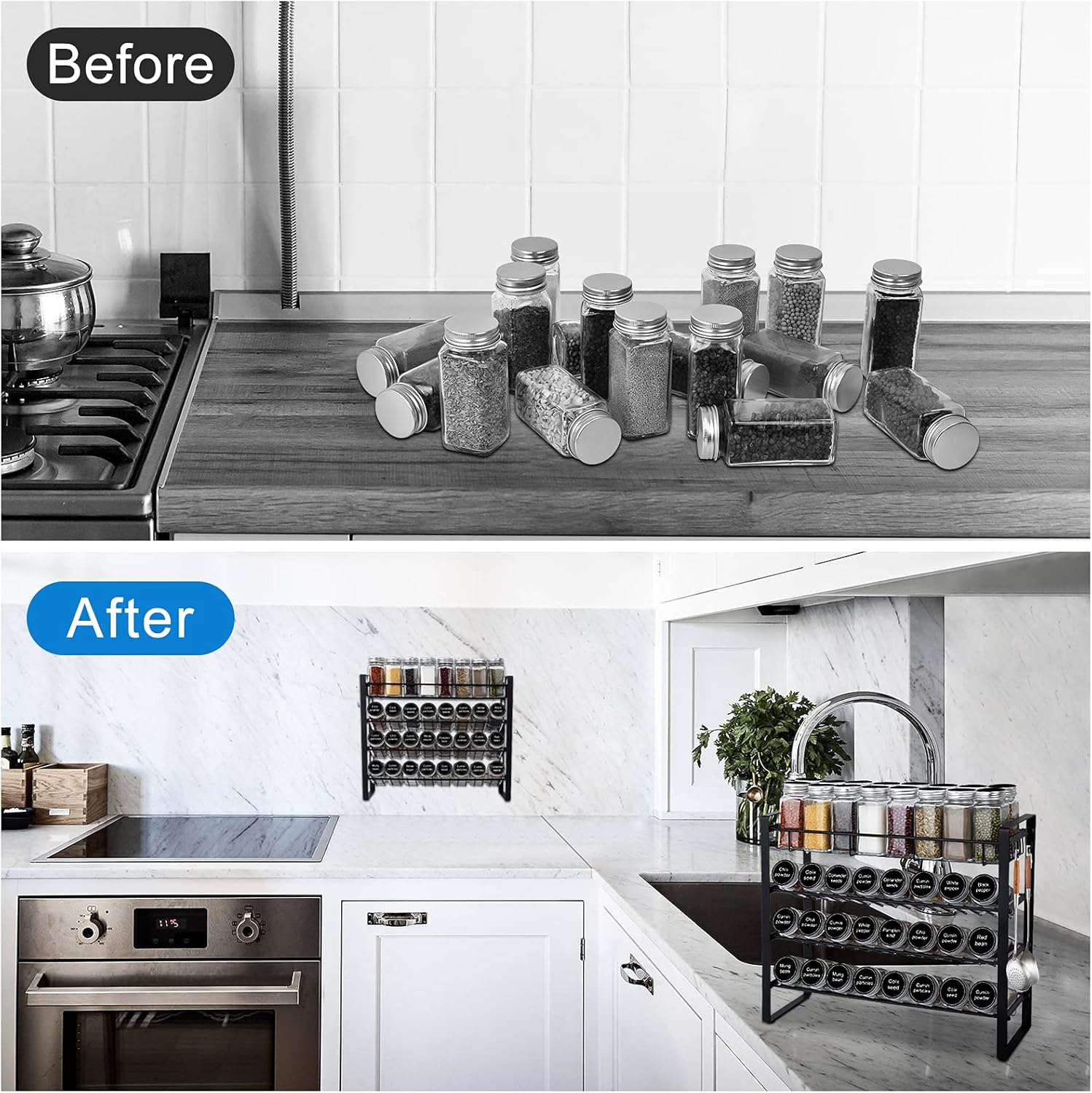 Spice Rack Organizer for Cabinet, Seasoning Organizer, Spice Organizer for Pantry, Spice Rack Wall Mount, 4 Tier Kitchen Countertop Storage Rack with Hooks, Amtiw Without Jars Detachable Spice Rack