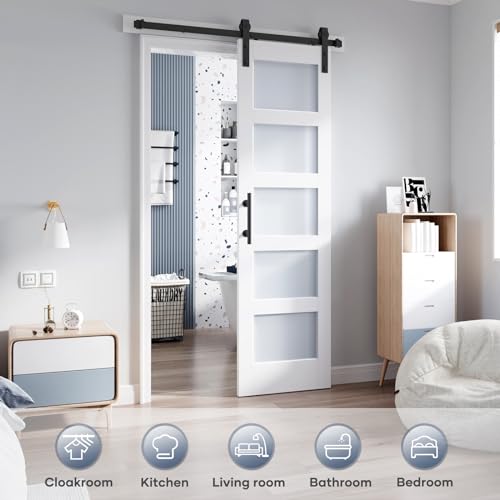 36x84 Inch Glass Sliding Barn Door Slab and 6.6ft Hardware Kit Included, 5 Frosted Glass, LVL Wood Panel Covered with White Water-Proof Scratch-Proof PVC Surface, Simple DIY Assembly