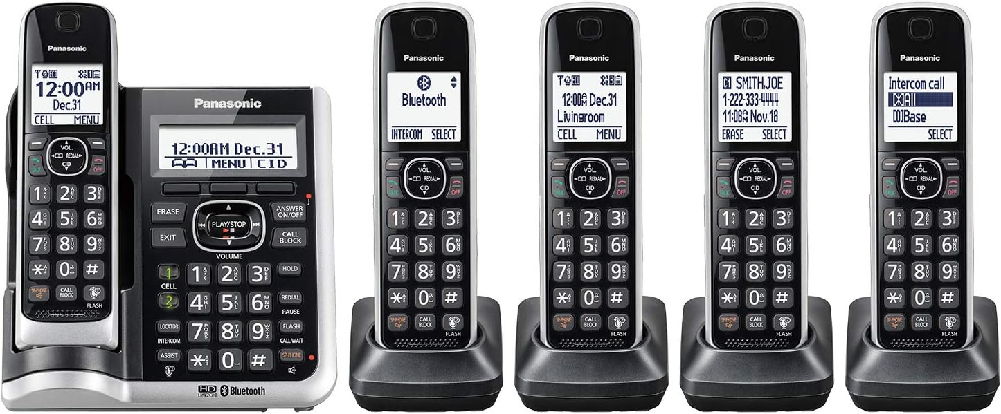 Panasonic Link2Cell Bluetooth Cordless Phone System with HD Audio, Voice Assistant, Smart Call Block and Answering Machine, Expandable Cordless System - 5 Handsets - KX-TGF675S (Black/Silver Trim)