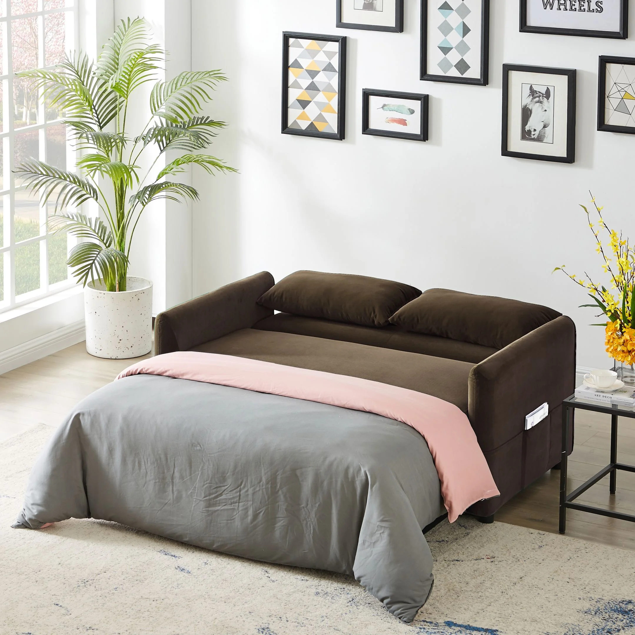 RUXAN Double seat sofa bed sofa with pull-out bed, adjustable backrest with 2 lumbar pillows for small living rooms, apartments, etc.-Light Brown