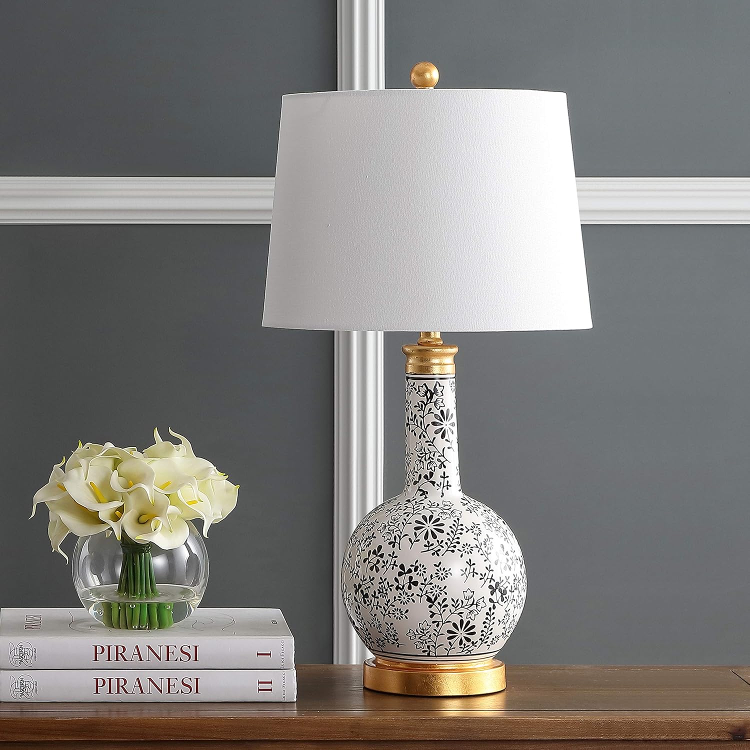 SAFAVIEH Lighting Collection Bodie Floral Black/ White 26-inch Bedroom Living Room Home Office Desk Nightstand Table Lamp Set of 2 (LED Bulbs Included)