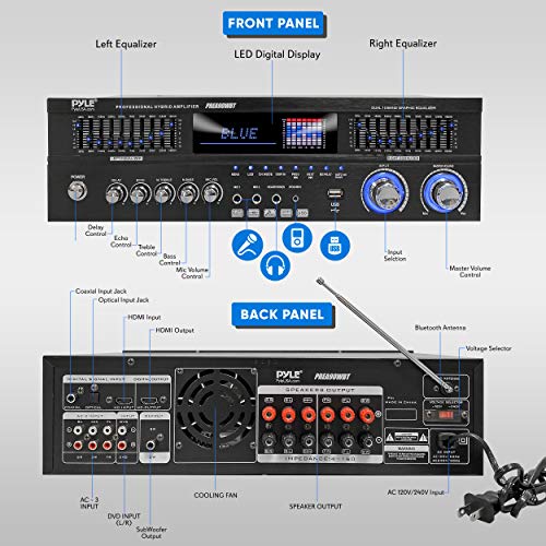 Pyle 6-Channel Bluetooth Hybrid Home Amplifier - 2000W Audio Rack Mount Stereo Power Amplifier Receiver w/ Radio, USB/AUX/RCA/MIC, HD/Optical/Coax, AC-3, DVD Inputs, Dual 10 Band EQ - PT6060CHAE