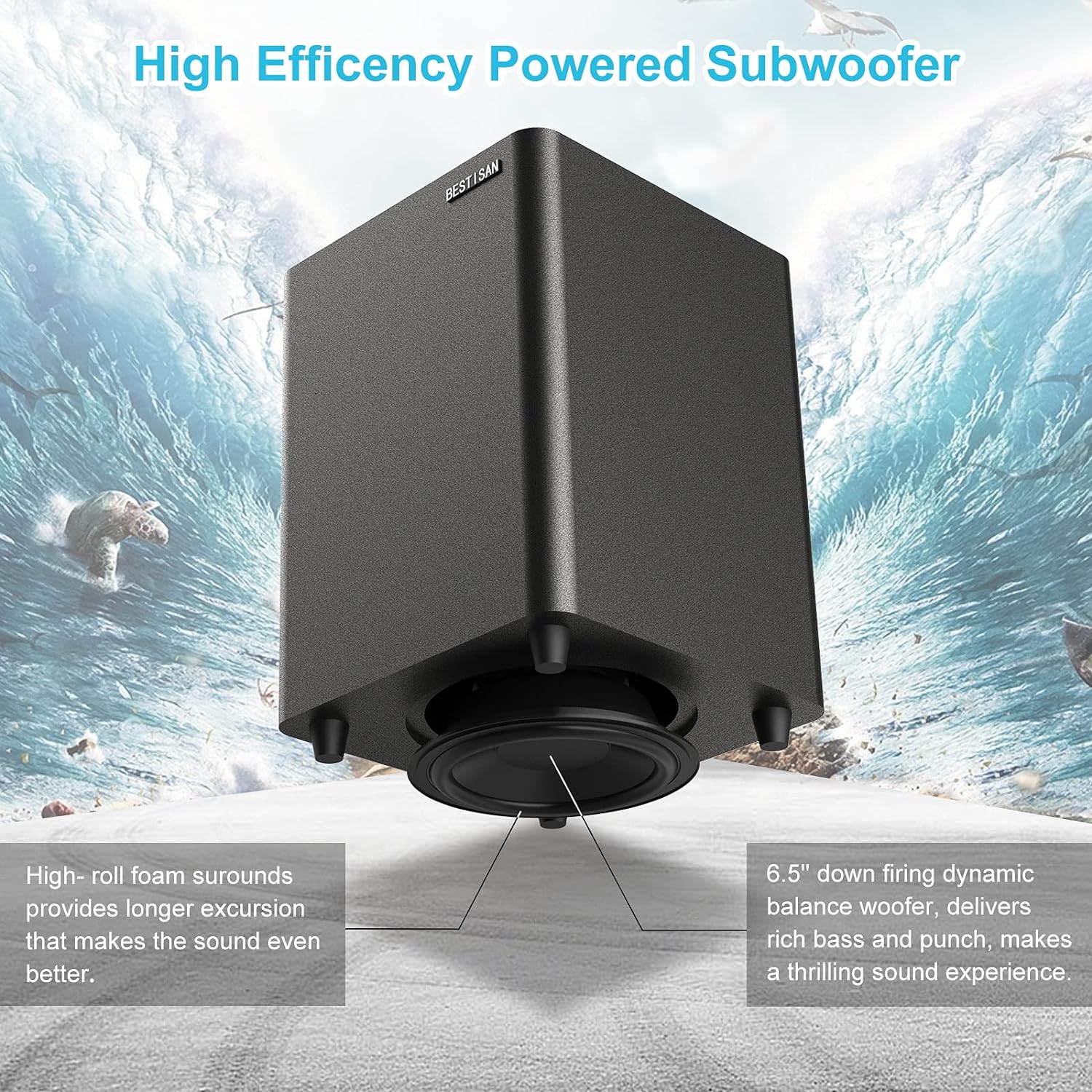 Subwoofer, BESTISAN Powered Subwoofer, Home Theater Deep Bass Subwoofer, Down Firing Sub in Compact Size, Easy Setup with Home Theater System, TV, Receiver, Speakers (RCA Cable Included, Black),SW65C