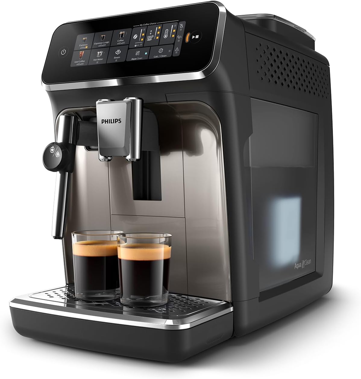 PHILIPS 3300 Series Fully Automatic Espresso Machine - 5 Beverages, Intuitive Touch Display, Classic Milk Frother, SilentBrew, 100% Ceramic Grinder, AquaClean Filter. Black Chrome (EP3326/90)