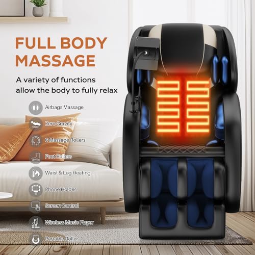 Massage Chair Full Body, Zero Gravity Massage Chair with Auto Modes, Airbag Massage, 6 Fix Point Rollers, Foot Massage, Heating, Touch Screen Controller, Gray Home Relaxation Recliner with Massage