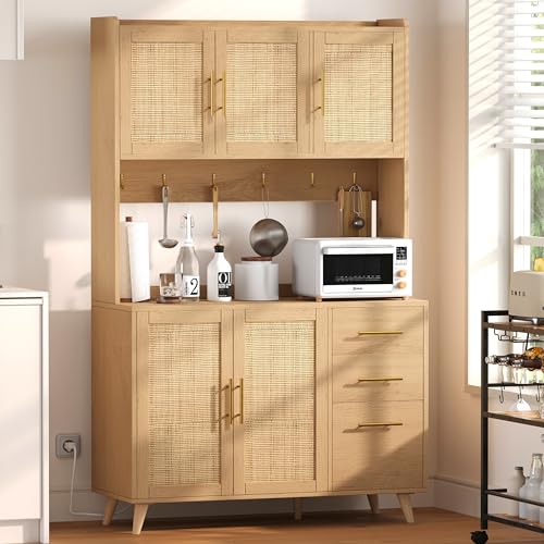 Rovaurx 70.9" Kitchen Pantry Cabinet with Microwave Shelf, Rattan Kitchen Hutch Cabinet with Charging Station, Tall Floor Cupboard Cabinet with Drawers and Doors, Black and Natural KBG002BME