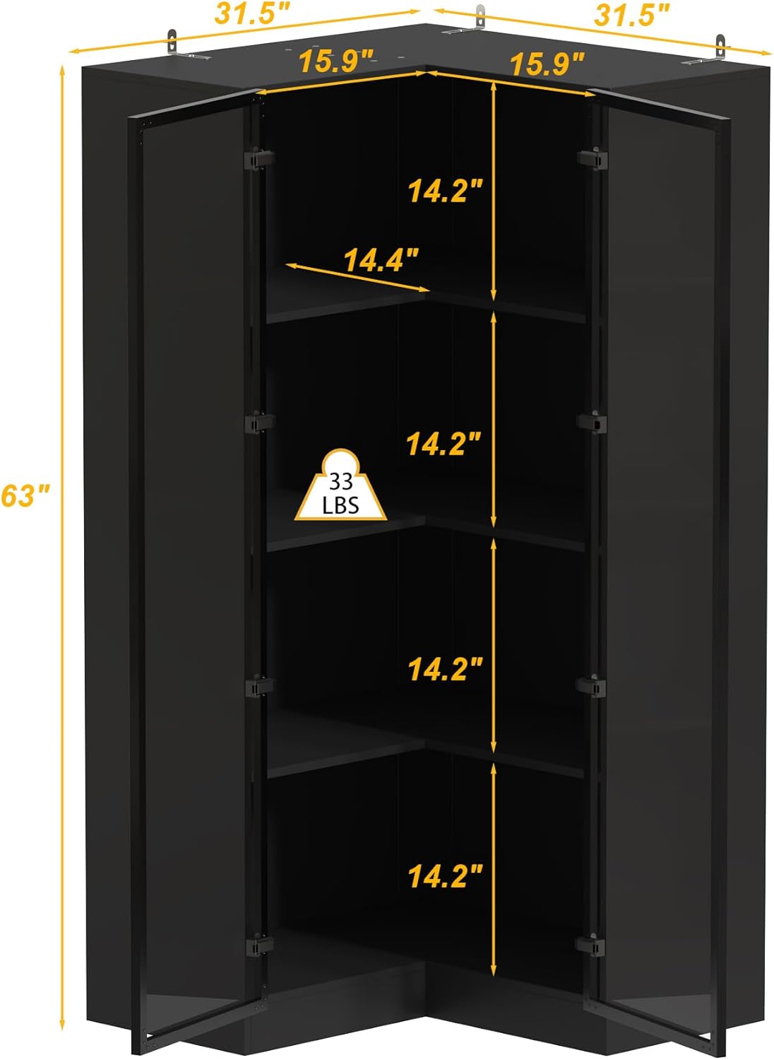 AIEGLE Corner Storage Cabinet with Glass Door and Light, L Shaped Display Cabinet with 2 Doors and 4 Shelves, Modern Bookcase Curio Cabinet for Living Room, Home Office, Black, 31.5"L x 31.5"W x 63"H