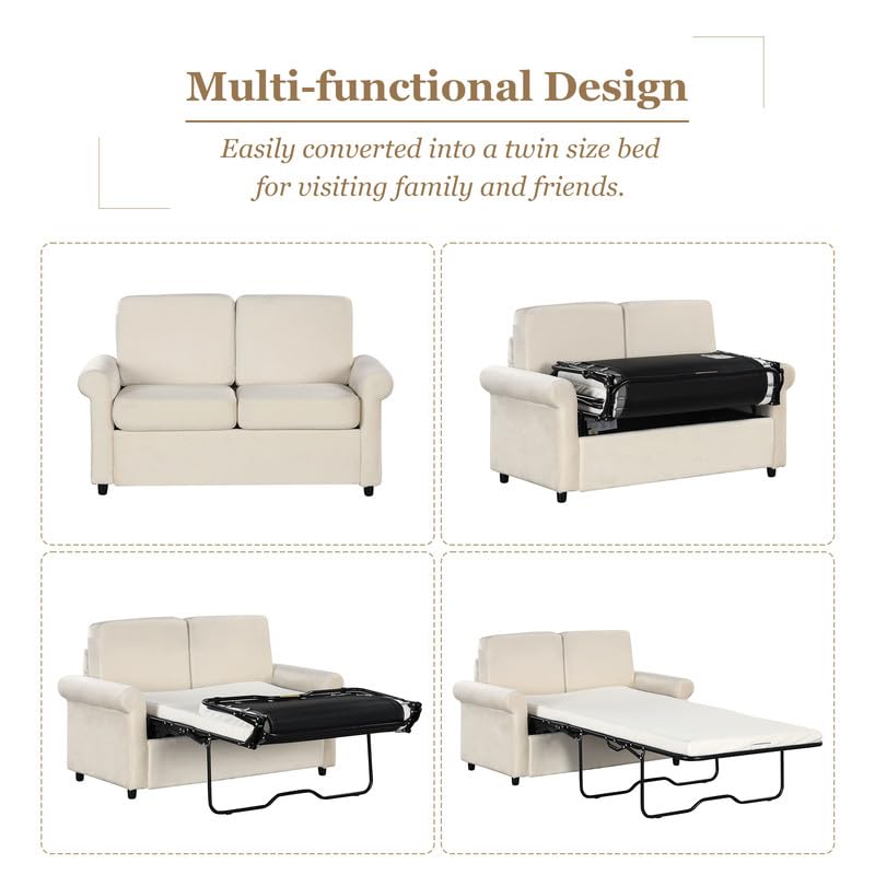 Pull Out Sofa Bed, 2 in 1 Pull Out Couch Sleeper Sofa Bed Couch with Twin Size Mattress Pad & 2 USB Ports, Convertible Sofa Couch Loveseat Sleeper for Living Room, Bedroom, Small Space, Grey
