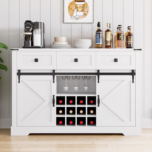 IDEALHOUSE Buffet Cabinet with Storage, 54" Farmhouse Coffee Bar Cabinet with 3 Drawers & Sliding Barn Door, Wine Cabinet with Wine and Glass Rack for Kitchen, Dining Room, White