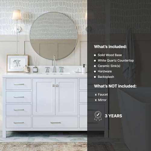 ARIEL 61" White Bathroom Vanity with 1.5" Edge Italian Carrara Marble Countertop & Backsplash, Center Rectangular Sink, 2 Soft Closing Doors, 9 Full Extension Dovetail Drawers, Brushed Nickel