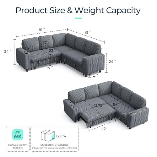 LINSY HOME Sectional Sleeper Sofa with Pull Out Couch Bed Convertible Plush Corduroy Cloud Couch with Storage Chaise & USB Charging, Comfy L Shaped Modular Couches for Living Room Apartment (Grey)