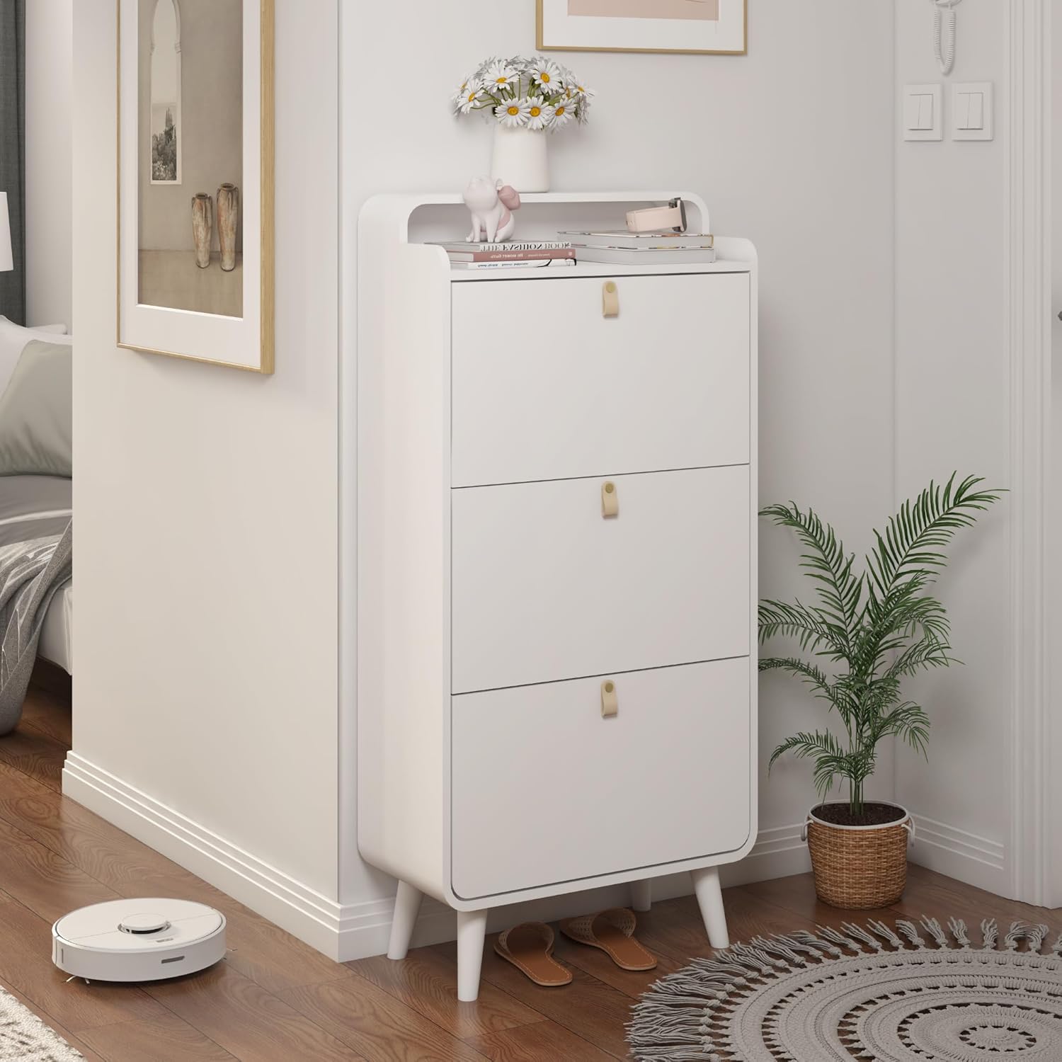 Modern Arc Design Shoe Cabinet with 3 Drawers - Elegant White Entryway Shoe Storage Solution for Closets, Apartments, Hallways & Outdoor Spaces