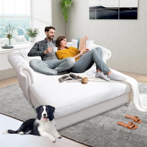 63" Chesterfield Double Chaise Sofa, Velvet Chaise Lounge Chair Indoor with 2 Pillows andRolled Arm Oversized Loveseat Sofa (White)