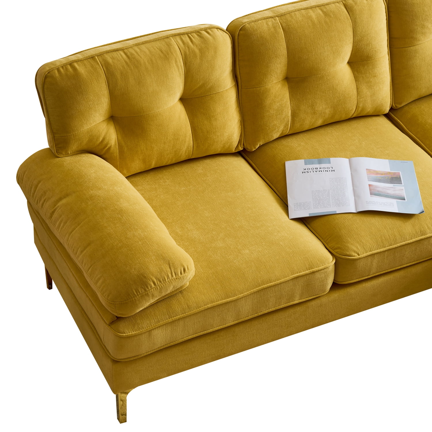 Churanty Modern 3 Seater Sectional Sofa with Chaise,Velvet L Shape Sofa Couch with Gold Legs for Living Room Bedroom,Yellow