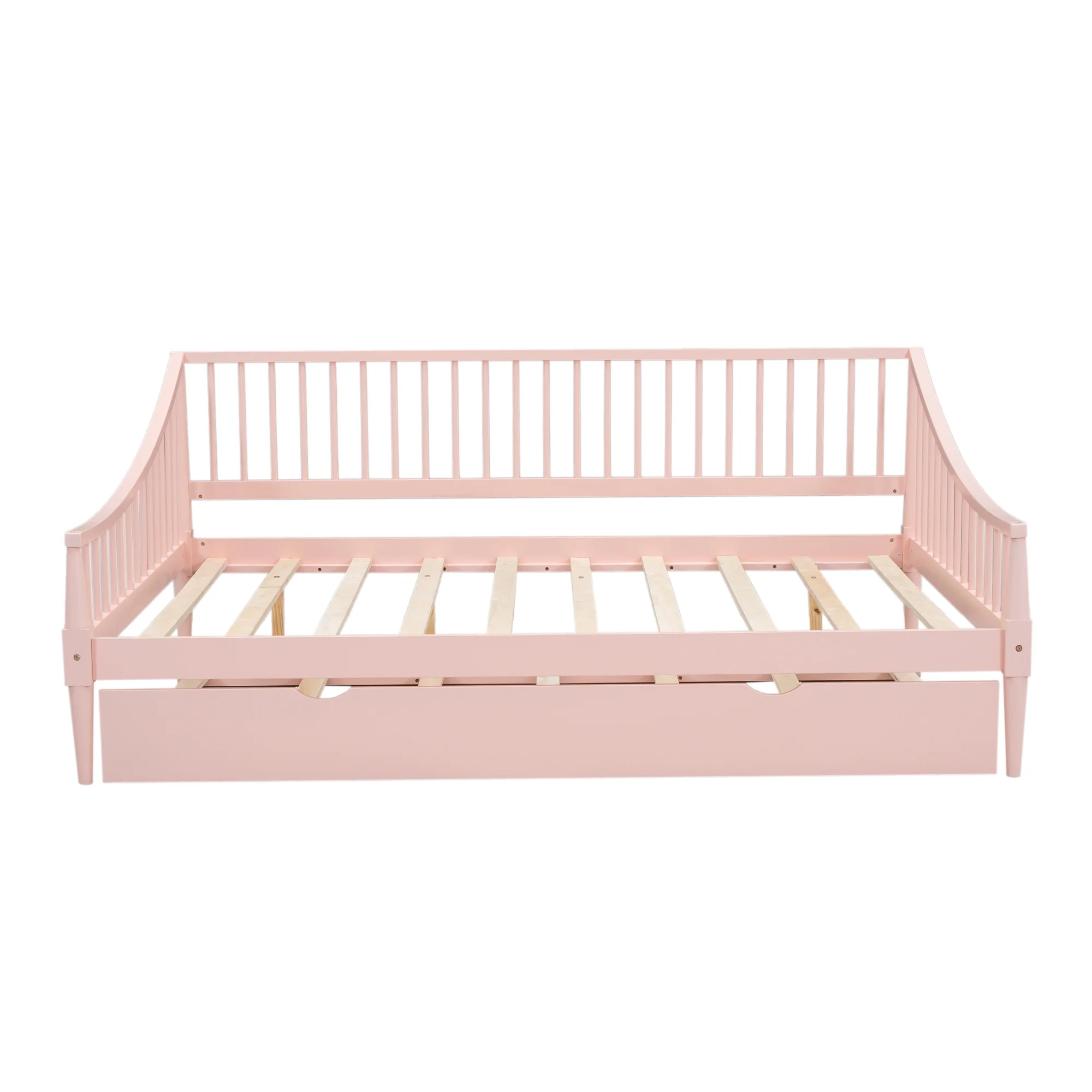 EUROCO Wood Full Size Daybed with Twin Trundle Bed for Kids Teens Adults, Solid Wood Bed Frame with Support Legs, Pink