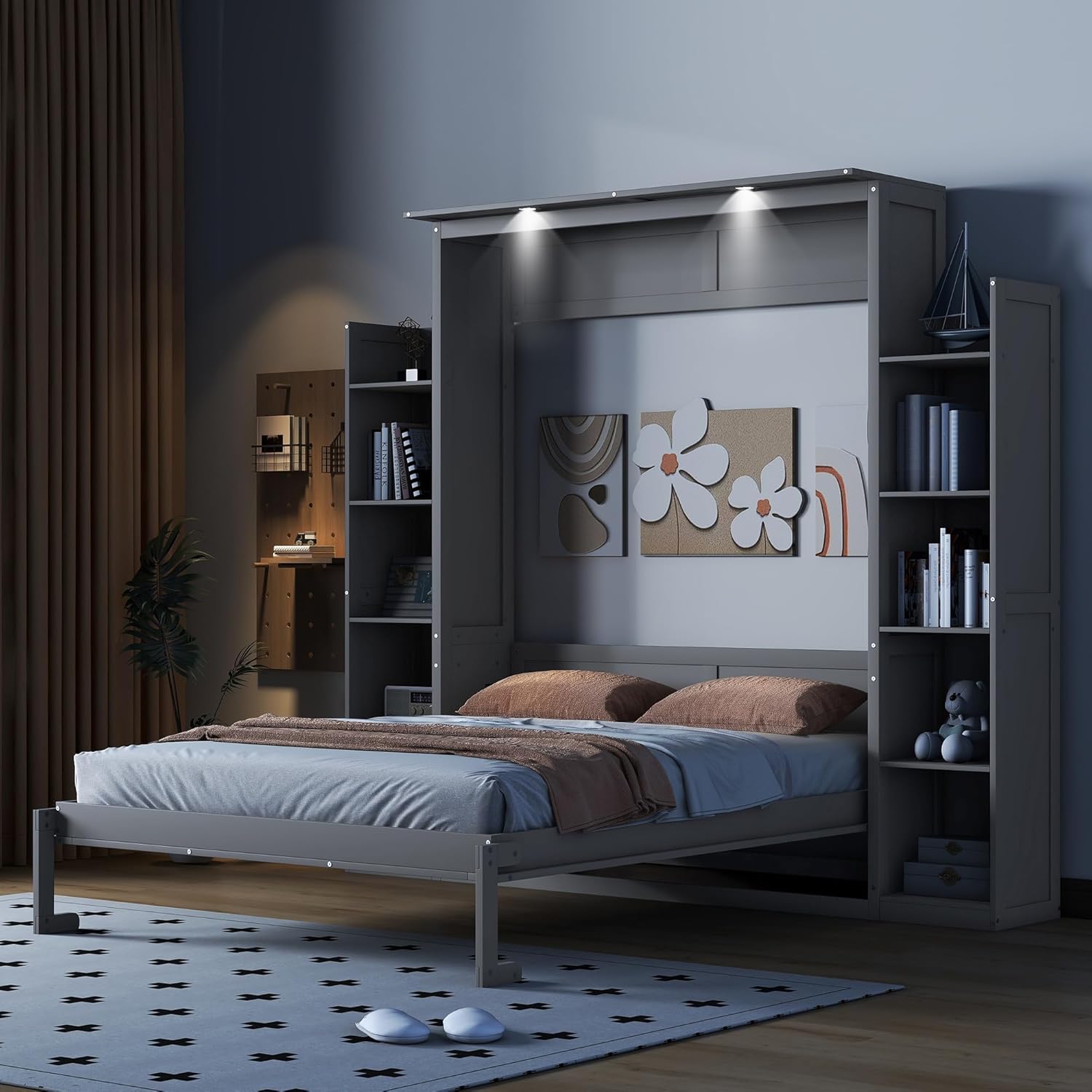 WADRI Queen Size Murphy Bed Wall Bed with Bookshelf, Can Be Folded Into Cabinet, Solid Wood Murphy Bed Chest Cabinet Bed for Guest Room Bedroom Office, Maximize Space Savings (Gray-sd1)