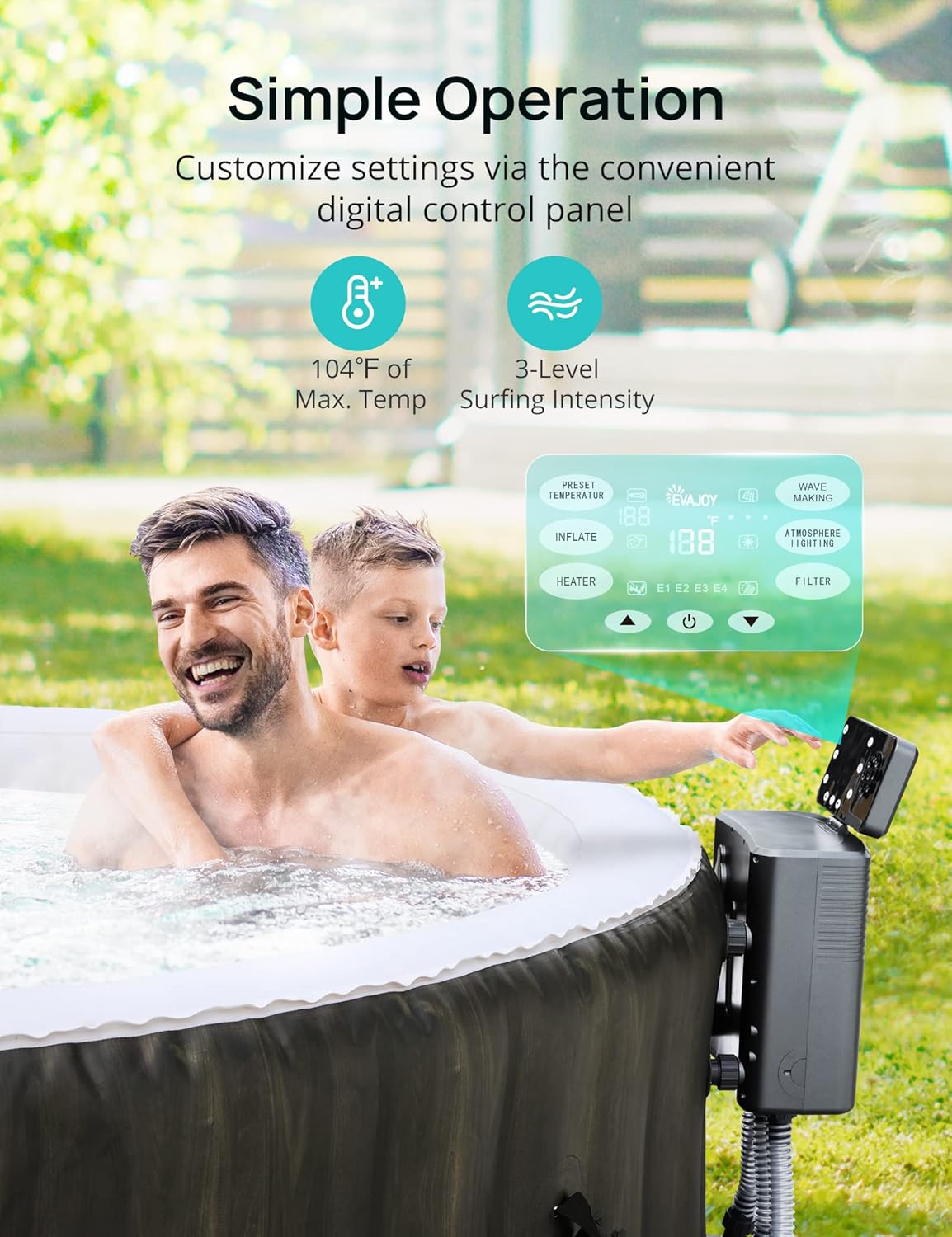 EVAJOY Inflatable Hot Tub, Portable Inflatable Hot Tub with Built-in LED, Electric Heater Pump, Hot Tub Spa with 140 Air Jets, 4-6 Adults, for Backyard, Garden, Indoor