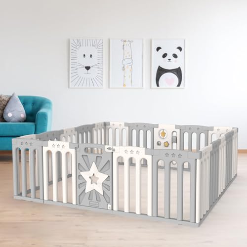 Baby Playpen, Safety Baby Gate Playpen for Babies and Toddlers Sturdy and Immovable Baby Fence Play Area Activity Center Portable Design for Indoor Outdoor (Grey+White+Star 16 Panel)