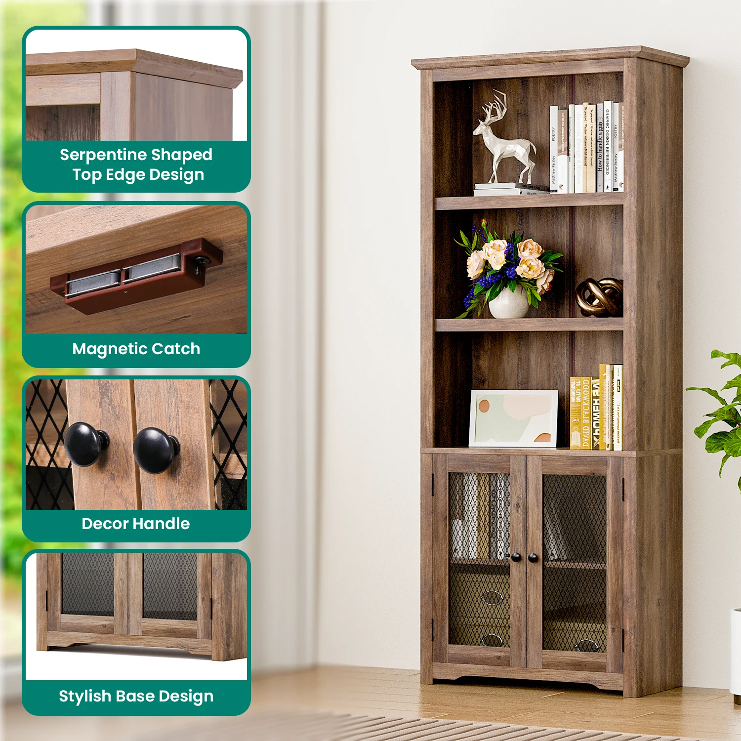 LGHM Farmhouse Bookshelf with Adjustable Shelves , 70" Tall Sturdy 5-Shelf Bookcase with Doors for Home Office, Living Room