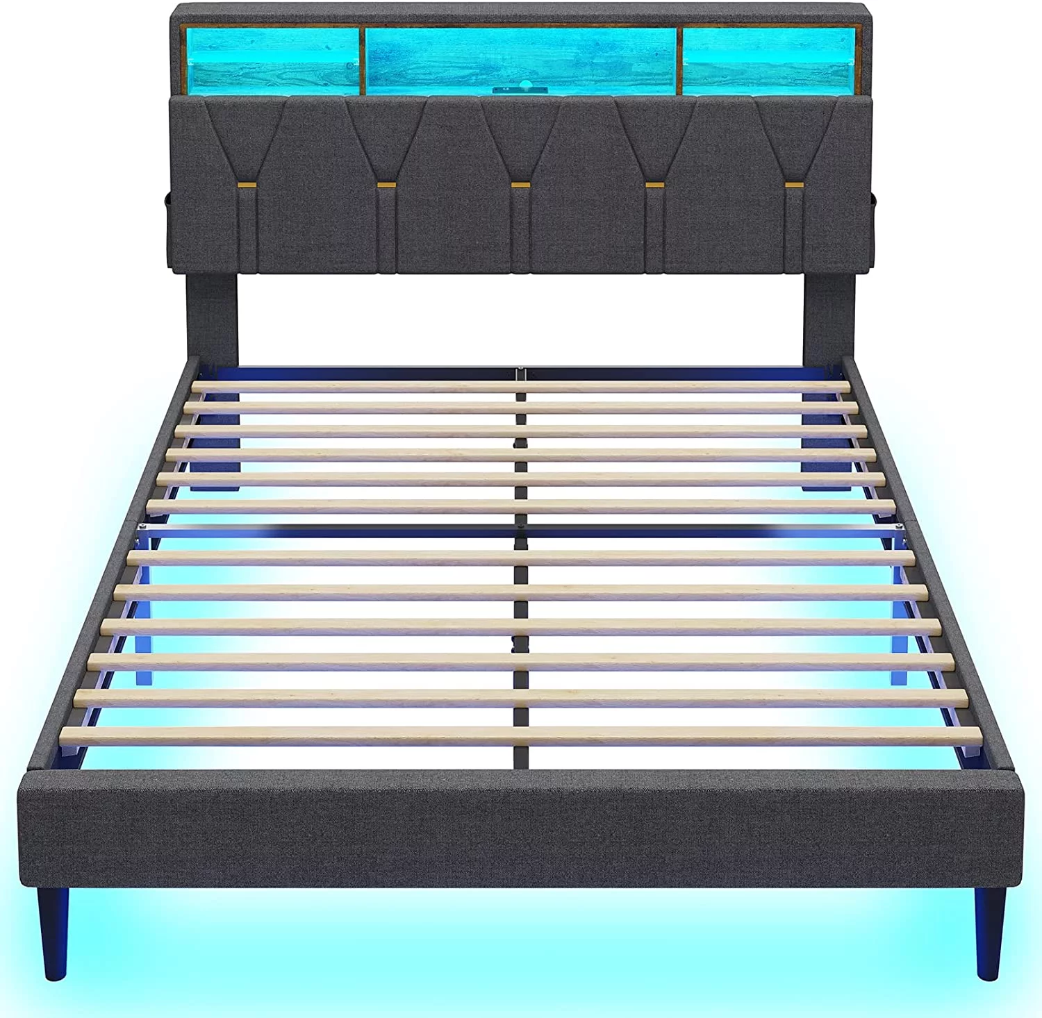 DICTAC Upholstered Platform Bed Frame with Charging Station and LED Bookcase Headboard, Queen Size, Dark Grey