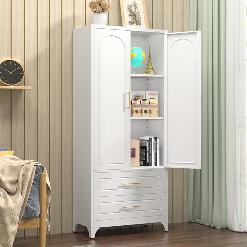 Metal Storage Cabinet with Doors and Shelves, 71 Inch Tall Kitchen Pantry Cabinet, Pantry Cabinets for Kitchen Storage, Freestanding Cupboard for Living, Dining Room, White, Assembly Required