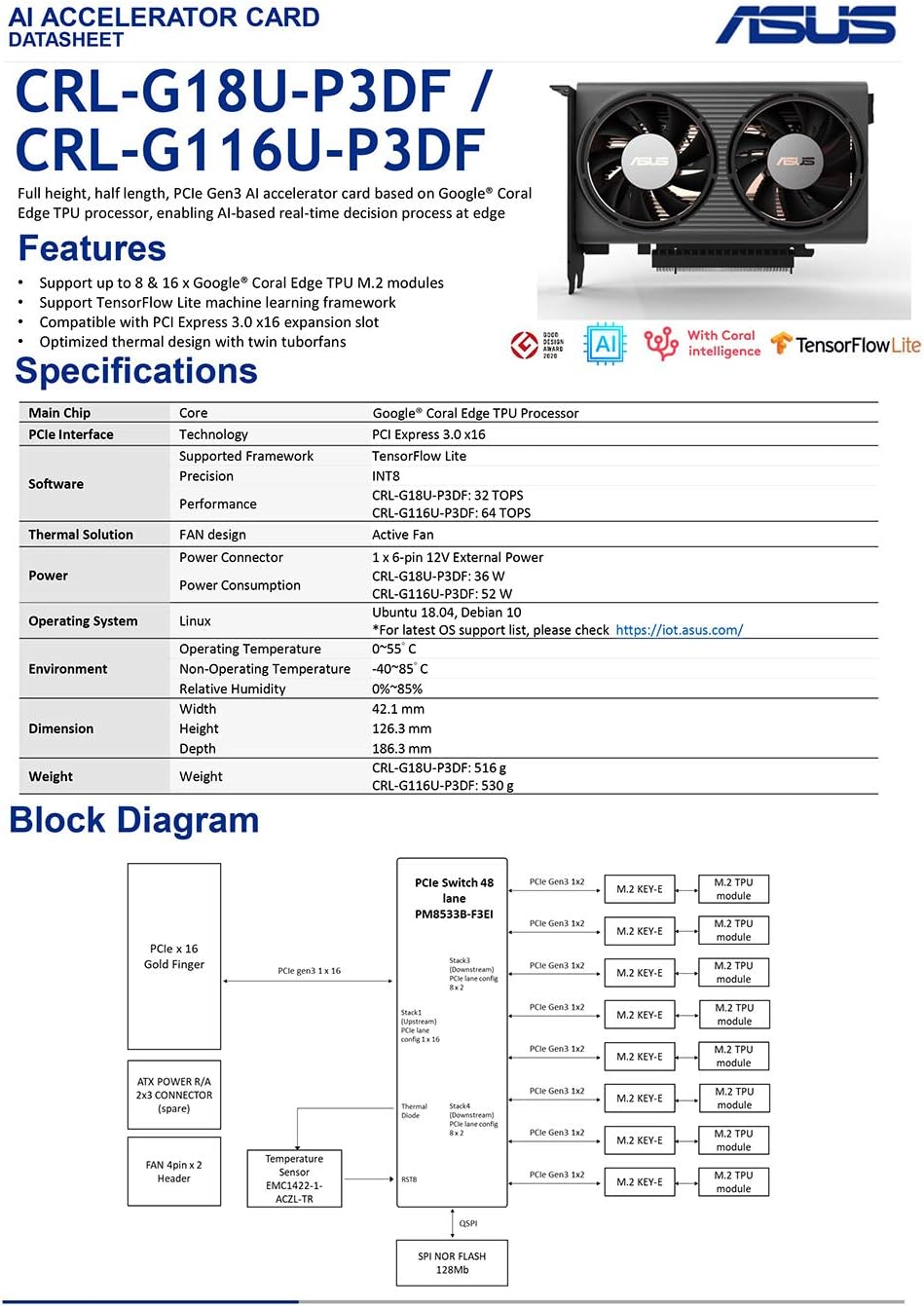 PCIe Gen3 AI Accelerator PCIe Card Based on Google Coral Edge TPU for Edge AI Inference(CRL-G18U-P3DF)
